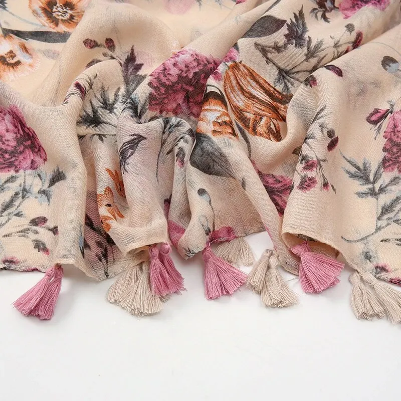 Fashion Printing Flower Tassel Shawl Cotton Viscose Scarf Women Beach Sunscreen Shawl Muslim Hijab Wrap Headscarf 180*90cm