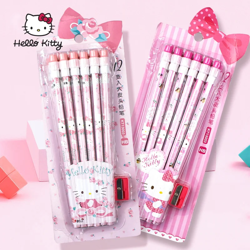 Lápis Miniso Sanrio para Crianças, Anime Hellokittys, Cabeça de Borracha, Lápis Hb, Fingir Aluno, Estudar, Escrever, Lápis de Pintura, Presentes Infantis, 12 pcs/set