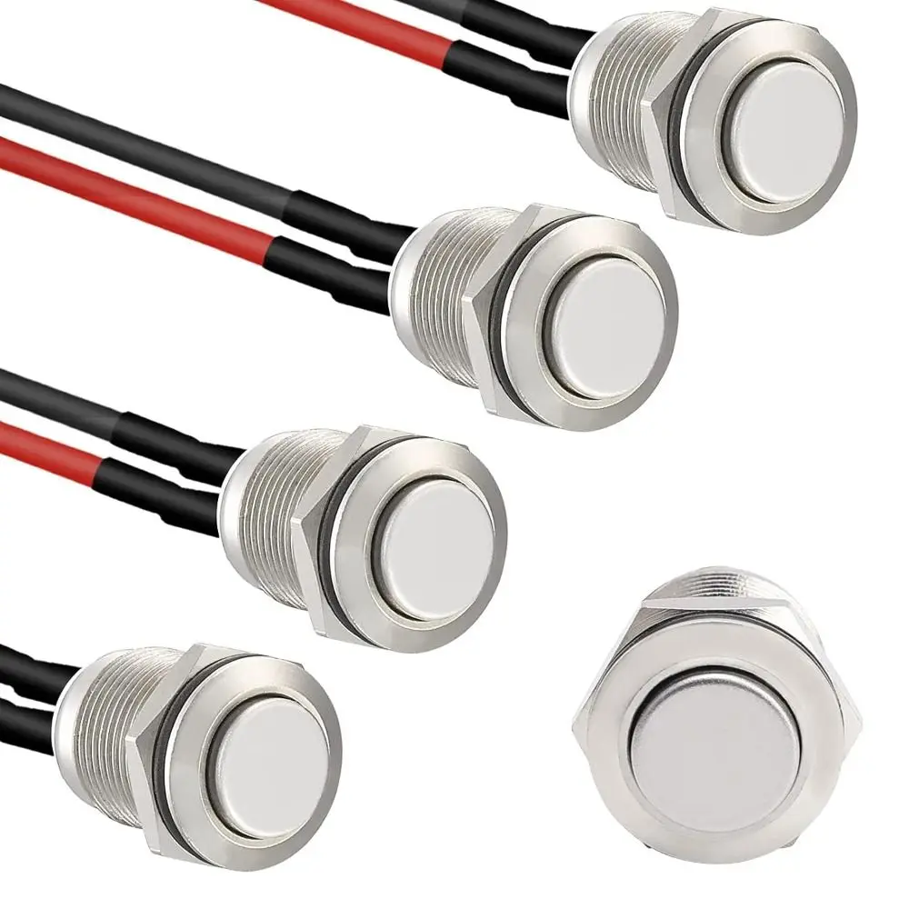 5pcs 12mm Momentary Push Button Switch Silver Shell with pre-Wiring, IP65 Waterproof Push Button Switch,Stainless Steel Normally