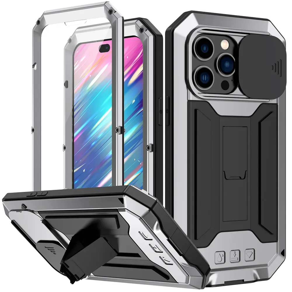 

Heavy Shockproof Metal Case for iPhone 16 Tempered Glass 360 Full Protection Cover for iPhone 13 15 Pro Max Slide Camera Protect