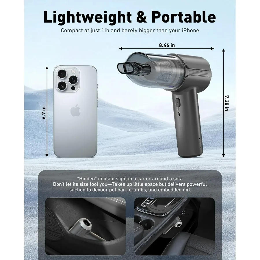 مكنسة كهربائية محمولة للسيارة لاسلكية مع محرك بدون فرش، منفضة هواء صغيرة عالية الطاقة 21000 باسكال، مكنسة كهربائية محمولة 7 في 1 للوحة المفاتيح C