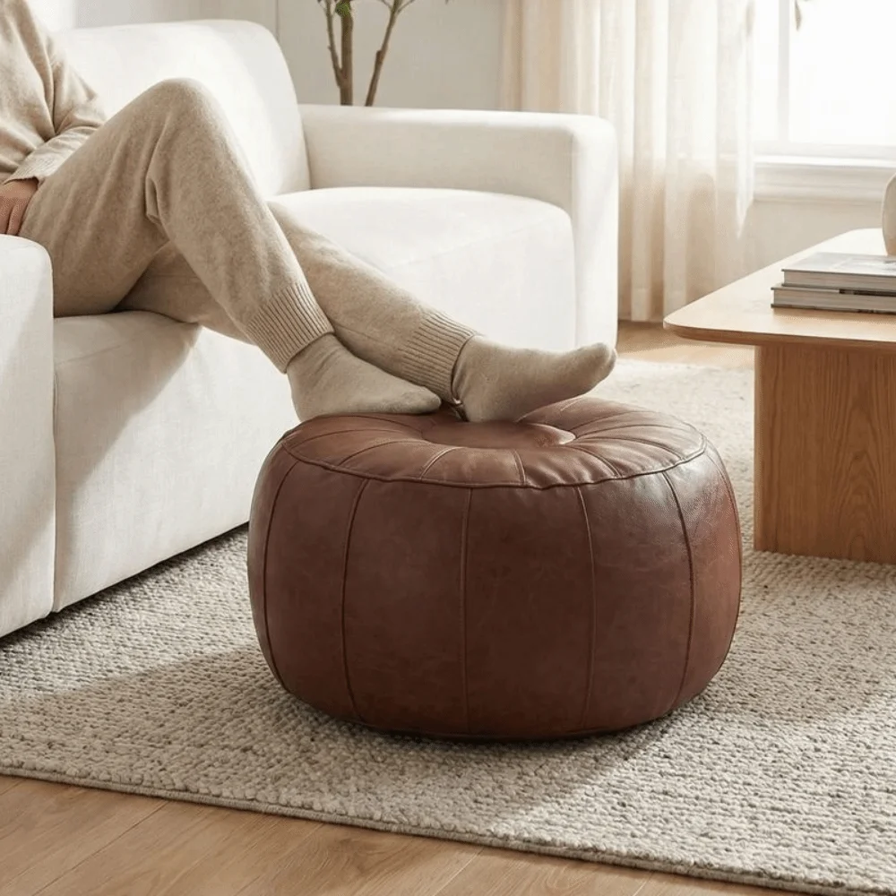 Round Seat Cushion Cover Unstuffed Large Capacity Pumpkin Pouf Cover Faux Leather Minimalist Storage Leg Bench Living Room