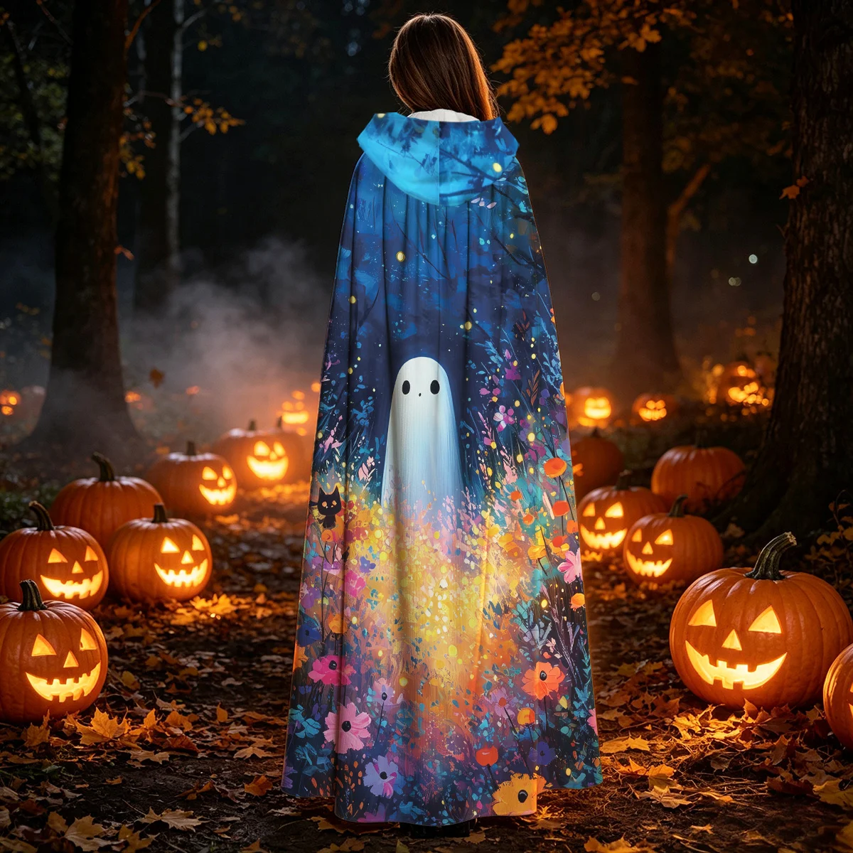 1pc Adult Hooded Cloak Cape with Wildflower,, Jack-o-Lantern & Starry Night Patterns - Witch Wizard Medieval Costume Robe