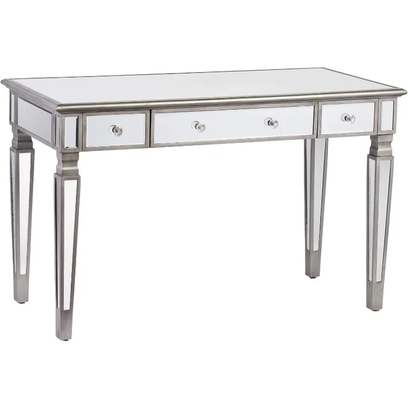 Mirrored Workstation Vanity Desk W/ Ample Storage 2 Drawers, Locking Keyboard Tray,Crystal Embellished Knobs