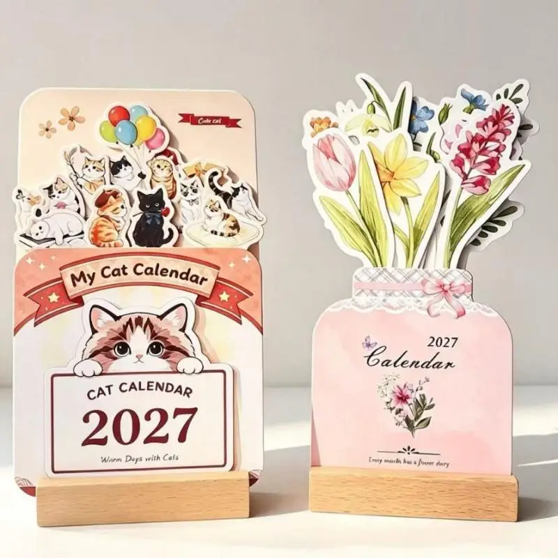 2027 Adorable Cat Desk Calendar with Durable Wooden Base 12 Art Cards Daily Monthly Planner for Daily Schedule Tracking