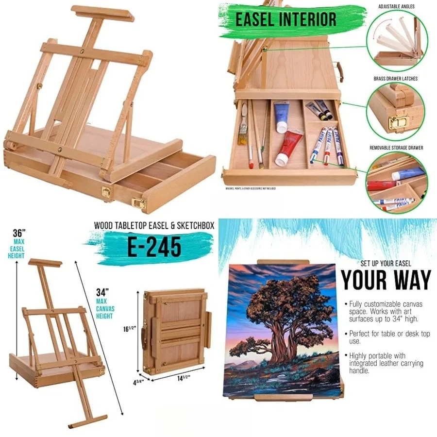

Large Adjustable Wooden Desktop Easel with Storage - Portable Sketchbox, Tabletop Easels for Painting, Drawing & Art Supplies, Premium Beechwood