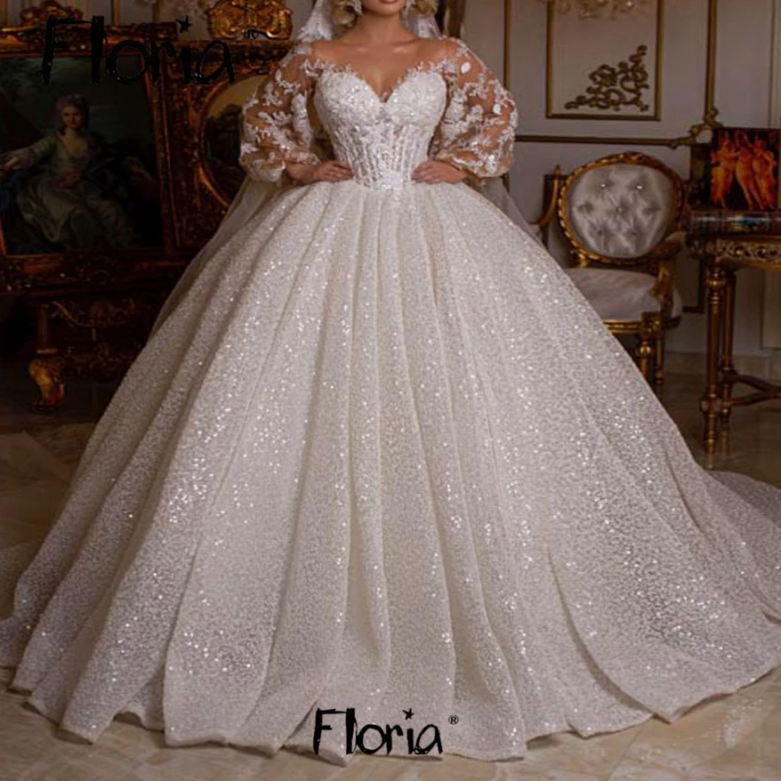 

Luxury Puffy Ball Gown Wedding Dress Dubai Muslim Beaded Sparkling Flower Lace Bridal Gowns Plus Size Custom Made Robe de Mariée