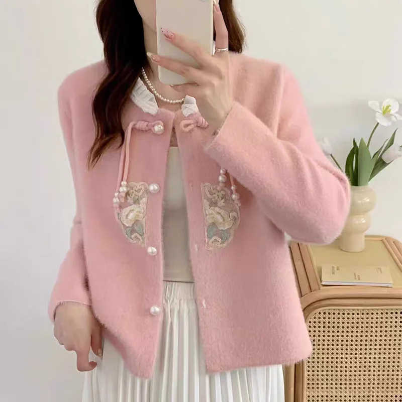 Chinesischen Stil Stickerei Strickjacke Neue Frauen Falsche Nerz Kaschmir Jacke Herbst Winter Weibliche Elegante Spitze Kragen Strickwaren Mantel
