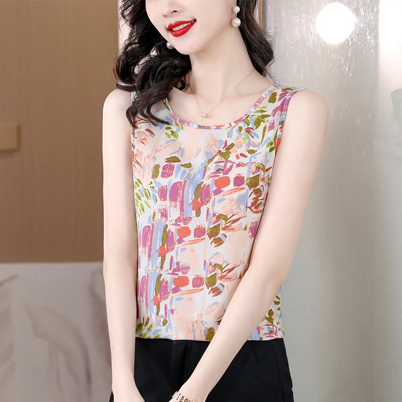 Women Summer Korean Fashion Loose Printing O-neck Sleeveless Camisole Women Clothes Casual Trend All-match Appear Thin Top Tee