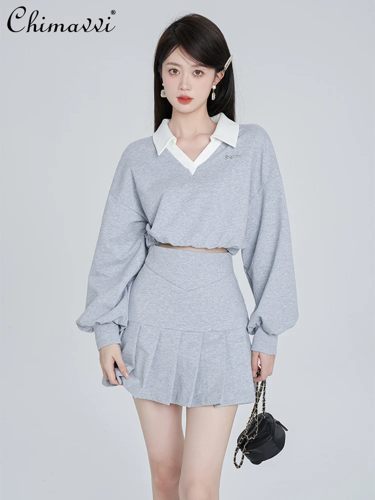 Korean Sweet Sports Style V-neck Long Sleeve Short Pullover Tops Simple Casual Backless Lace-up Gray Sweatshirts Women Autumn