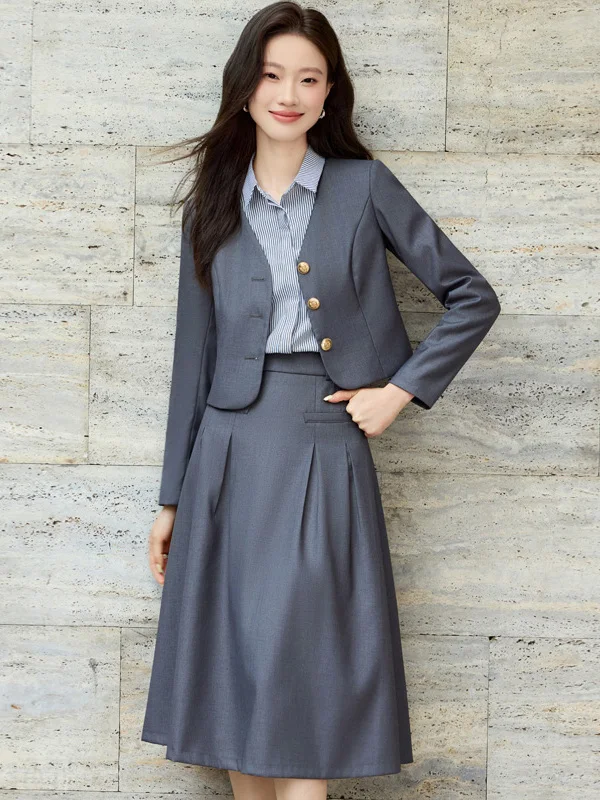 Gray Suit Set Women's Spring Autumn New Professional Formal Short Interview Coat Small Size Female Outerwear Commute Style