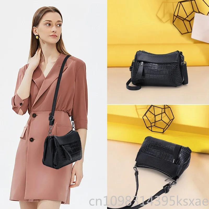Genuine Top Layer Cowhide Leather Soft Handbag for Women Large Capacity Crocodile Pattern Crossbody Shoulder Bag