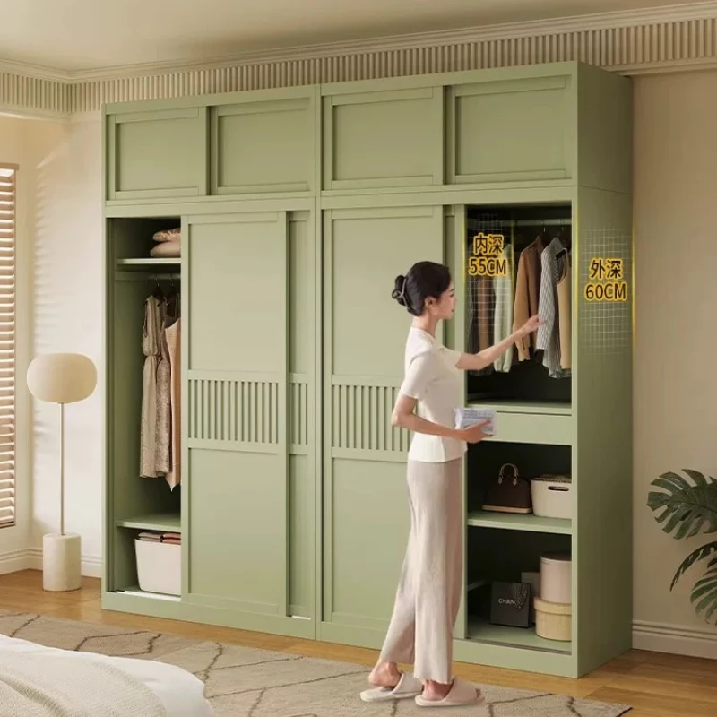 French Green Wardrobe Sliding Door Top Cabinet Bedroom Large‑Capacity Clothes Storage Closet Home Armoire Organizer Furniture