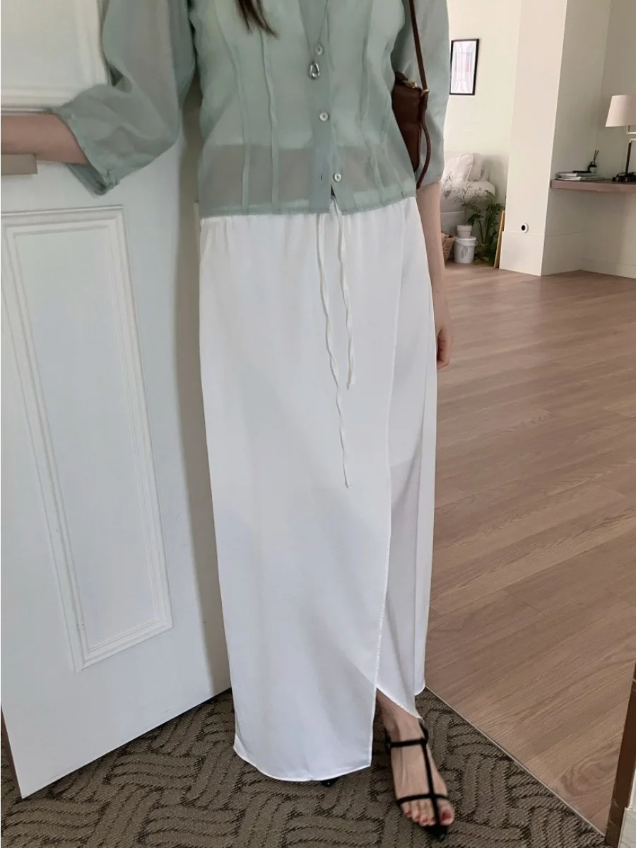 Elegant Pure Color Satin Long Skirt with Drawstring Elastic Waist Asymmetrical Slit for Women Spring Autumn Winter