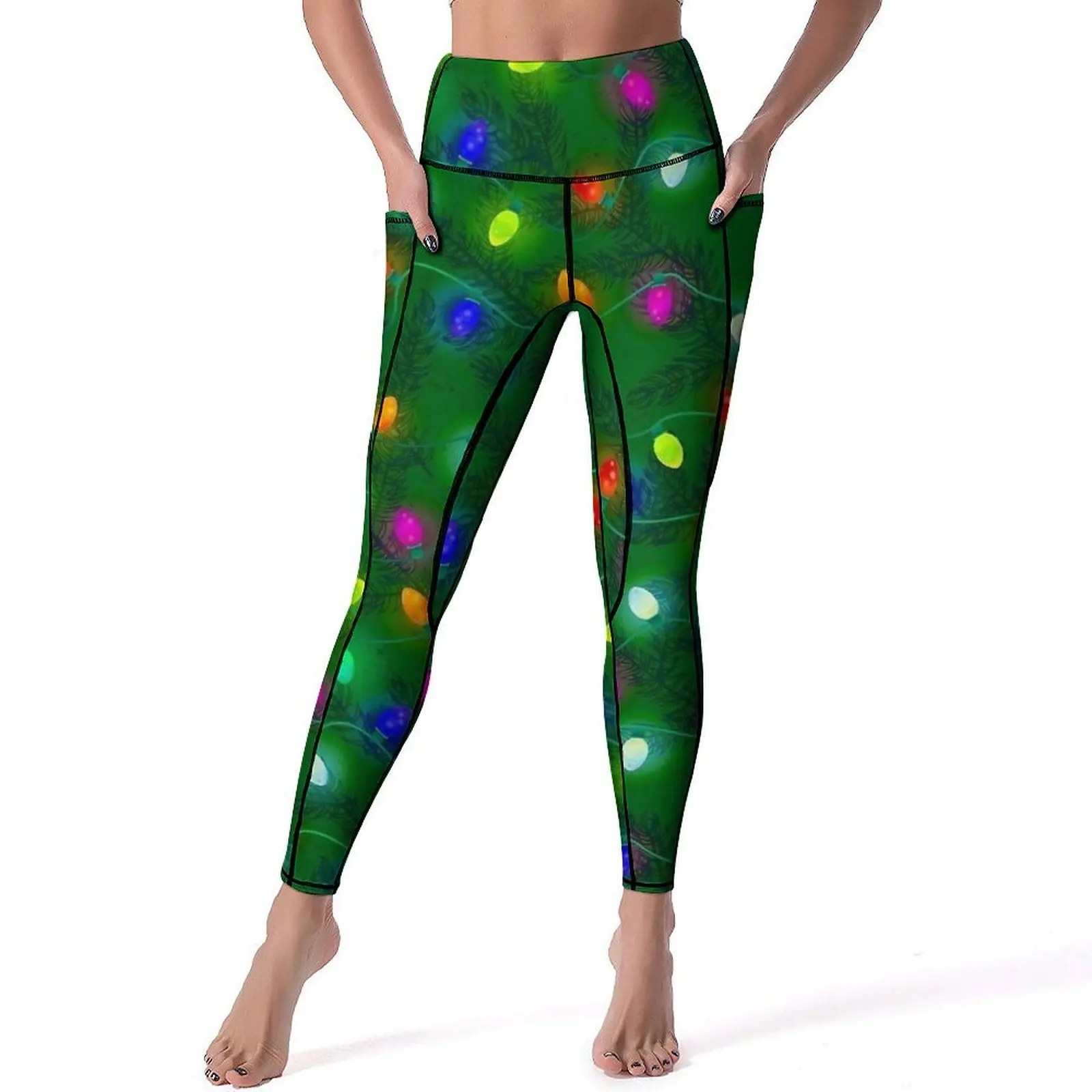 Holiday Lights And Snowflakes Leggings Christmas Tree Work Out Yoga Pants Push Up Novelty Leggins Elastic Sport Legging Gift