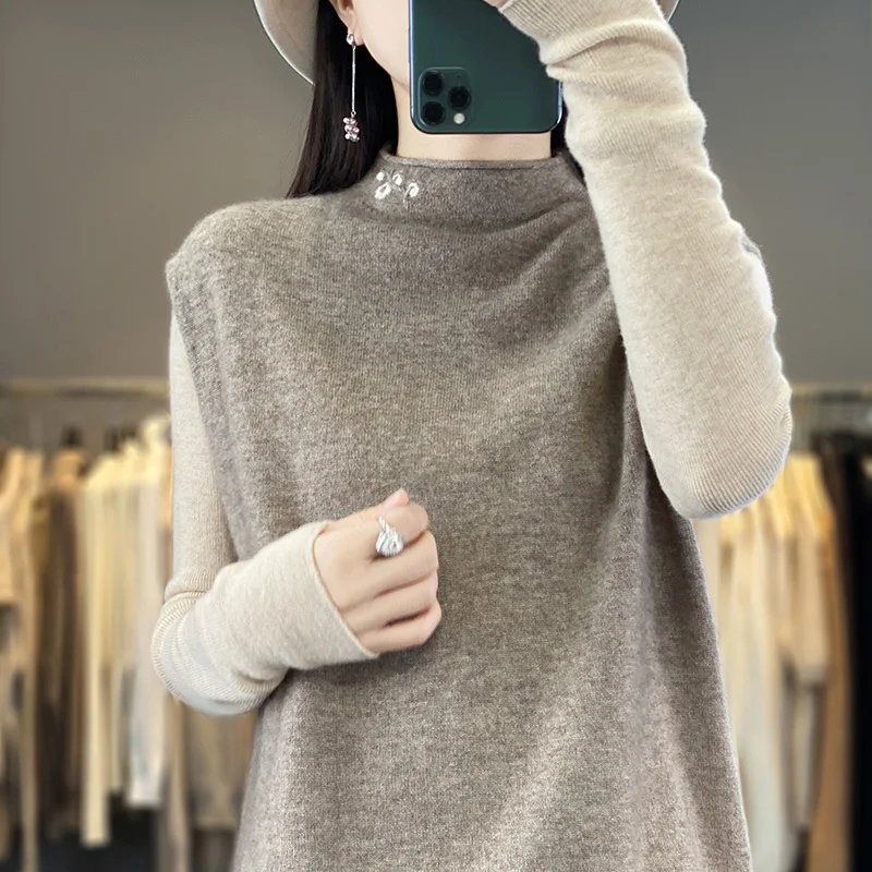 Gilet in Cashmere da donna, ricamato, collo Semi-alto, Top senza maniche, sciolto e sottile, gilet in maglia di lana, autunno e inverno