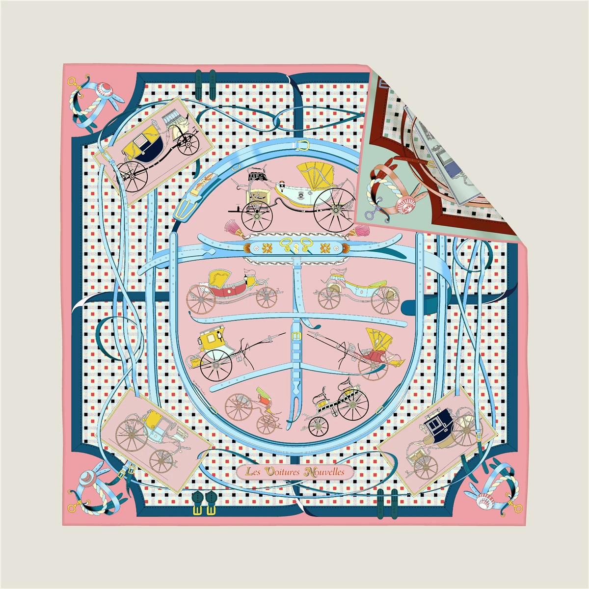 

90CM Hand Rolled Twill Silk Scarf Women Horse Carriage Double Print Square Scarves Wraps Echarpes Foulards Femme Hijab