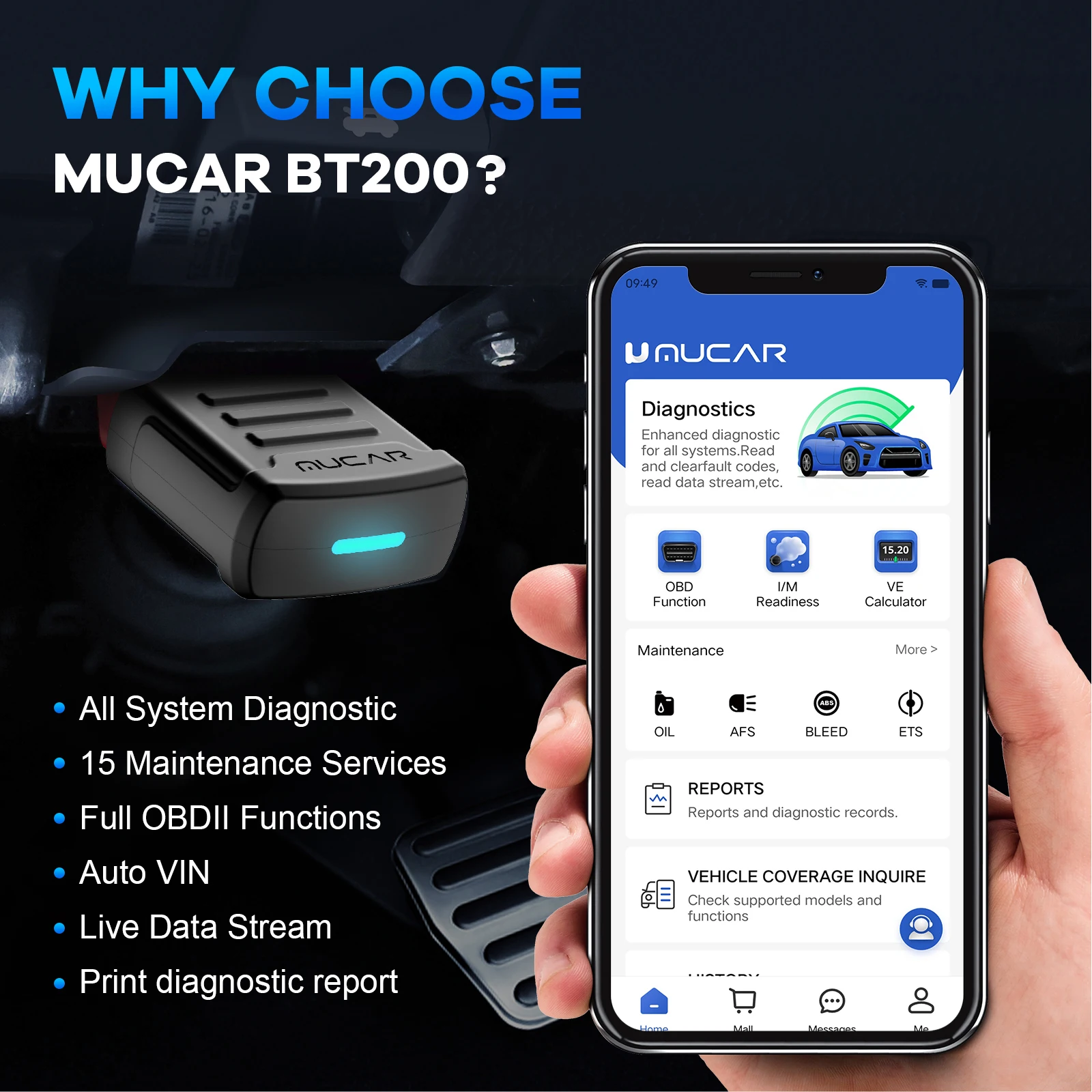 MUCAR BT200 OBD2 Bluetooth-Diagnosetool Vollsystem-Diagnose Öl SAS 15 Reset OBD 2 Scanner für alle Autos Codeleser – Detail 1