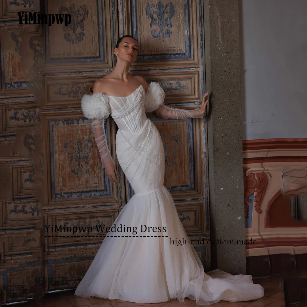 우아한 머메이드 여성 웨딩드레스 2025 신부 백리스 튤 스트랩리스 브라이덜 가운 슬리브리스 비딩 스윕 트레인 맞춤 제작