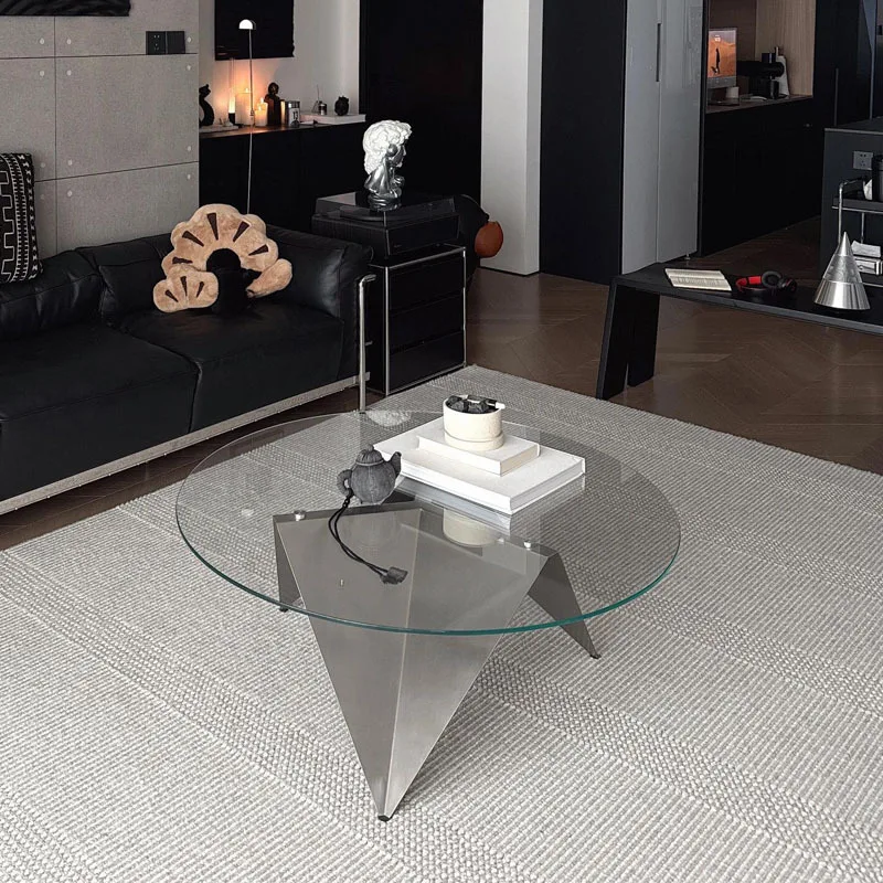 Stainless steel glass round coffee table simple design living room low coffee table corner few metal coffee table