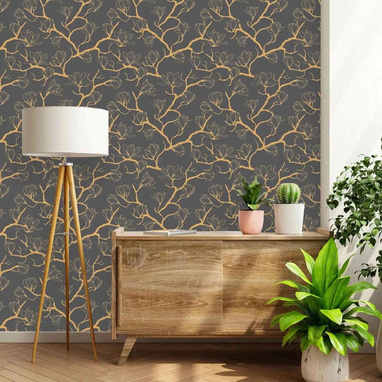 Dark Sakura Self-adhesive Wall Paper Rolls,Vintag Wallpaper Adhesive Wall,Floral With Bright Branches Wallpaper For Luxury Room