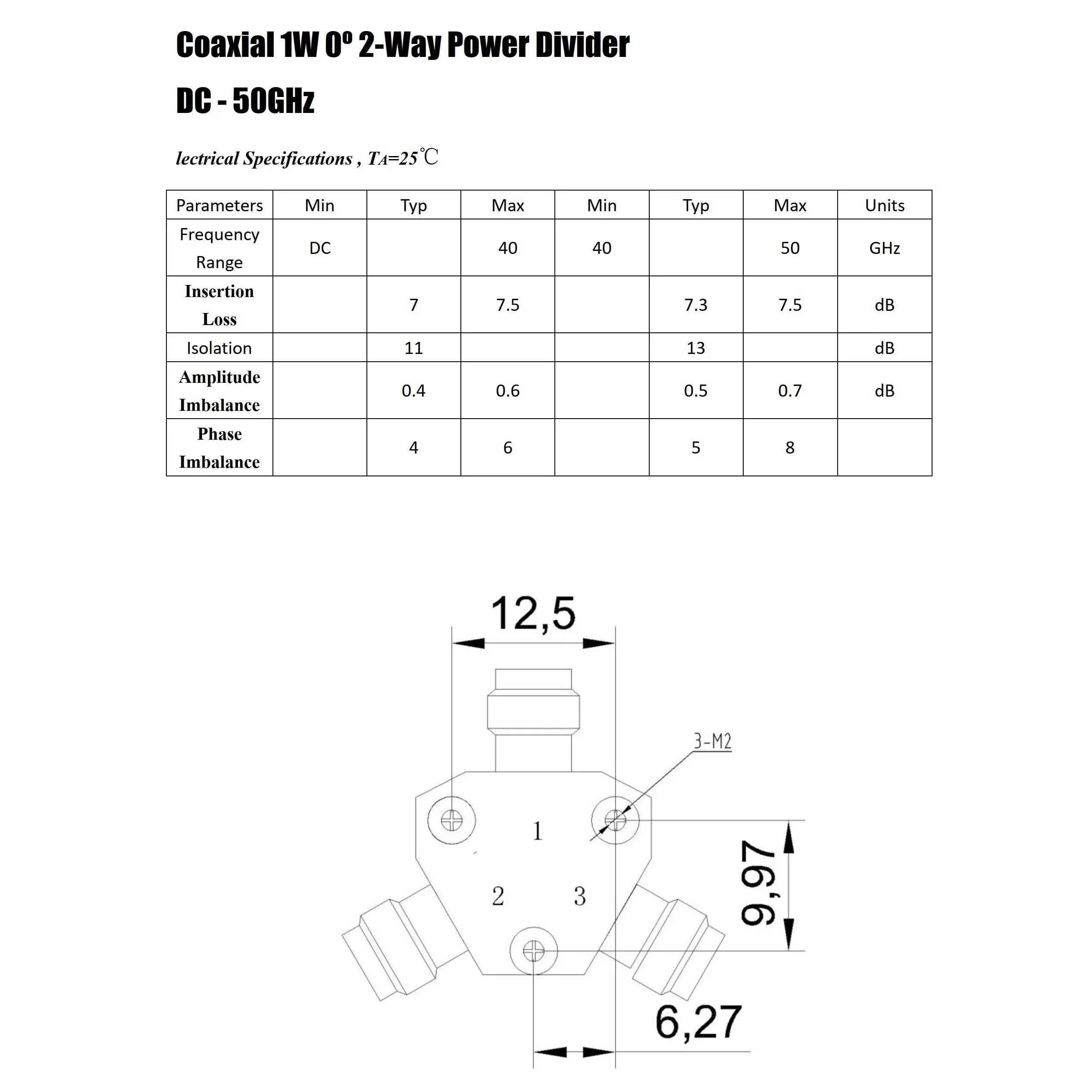 DC-40GHz/50GHz 1W 1/2 RF microwave resistance power divider/2.92/2