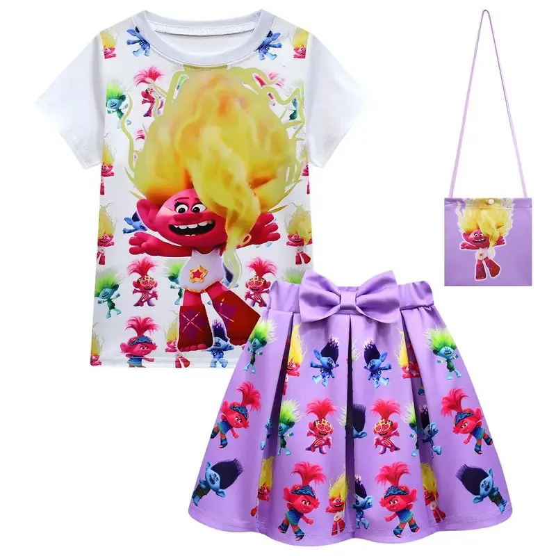 111 www Kids Halloween Queen Trollsing 3 Fantasy Dress Girls Clothes Sets Summer Cartoon Print T-Shirt+skirt Bag Short Sleeve To