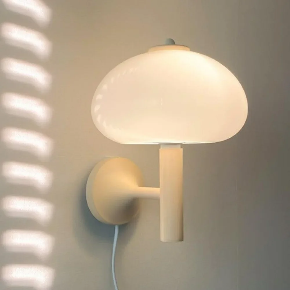 

With Plug Switch LED Wall Lamp Modern Cute Cream Mushroom Glass Wall Light for Bedroom Living Room Loft Room Decor