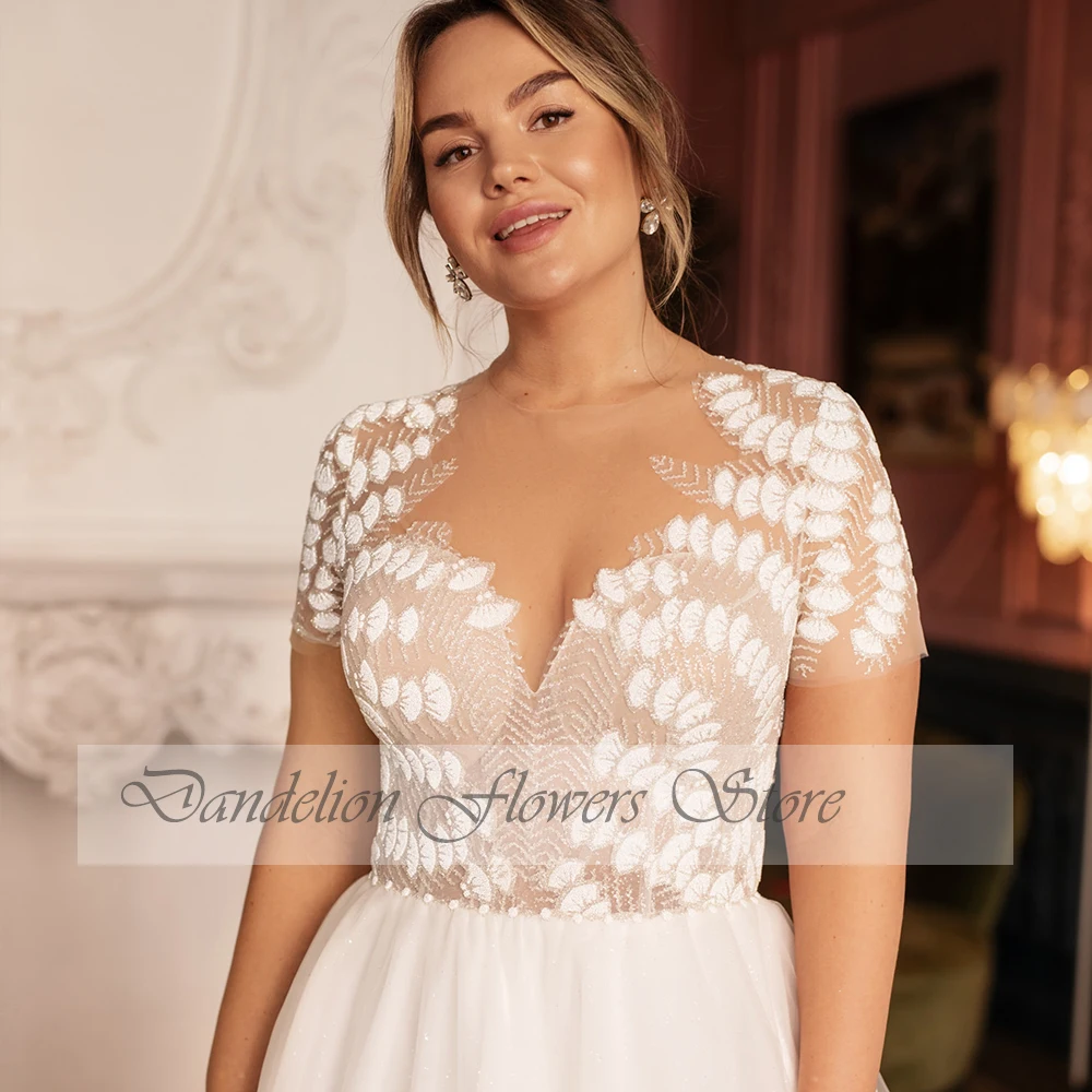 Vestido De novia De talla grande Bohemain manga corta cuello redondo cremallera vestidos De novia sin espalda Apliques De encaje tren De barrido A-Line Robe De Mariée