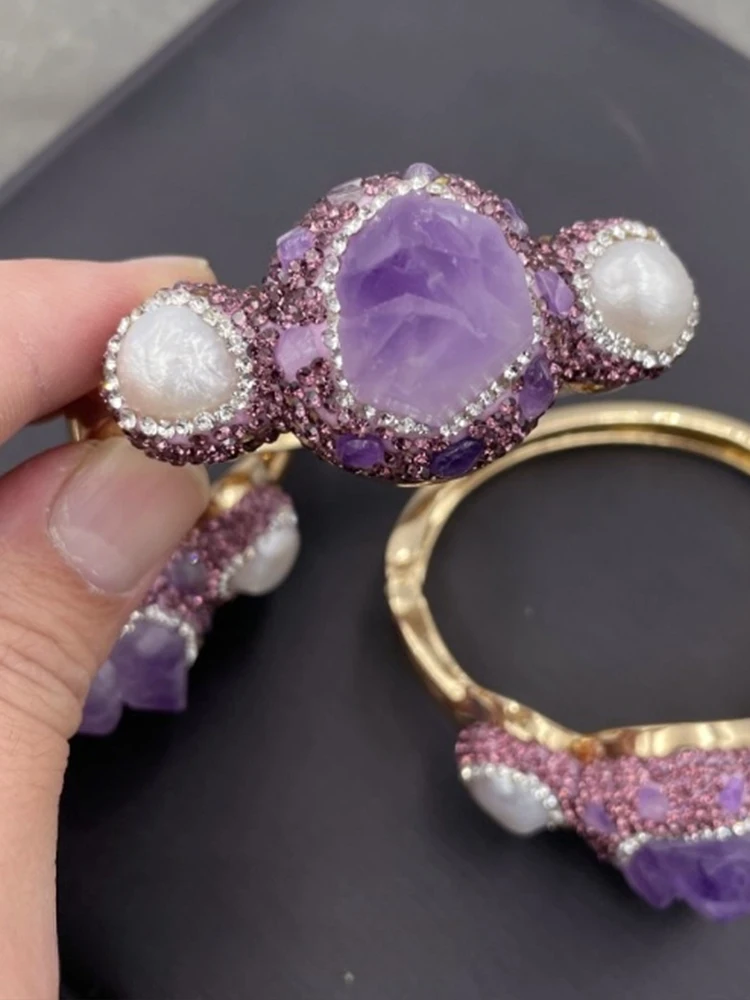 Natural Amethyst Pearl Bracelet Sets Women Vintage Jewelry 2PCS Ring  Lady Daily Party Handmade Jewelry