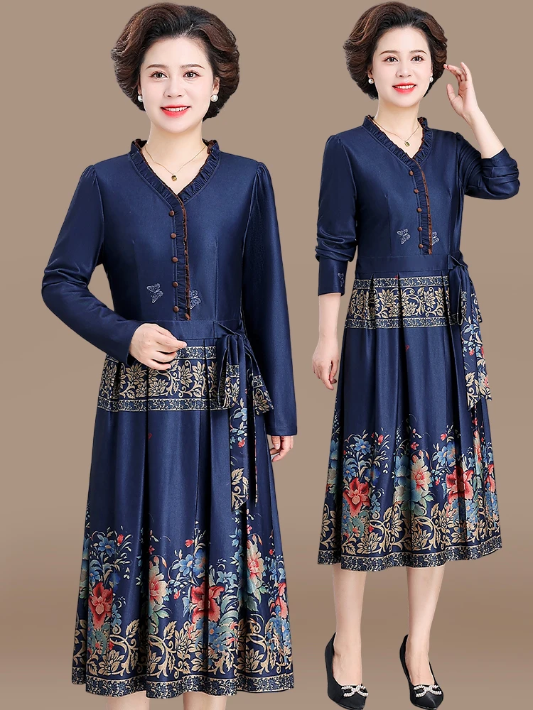 

Новое китайское платье с цветочным принтом для женщин среднего и старшего возраста, модное прямое платье миди на весну-осень.