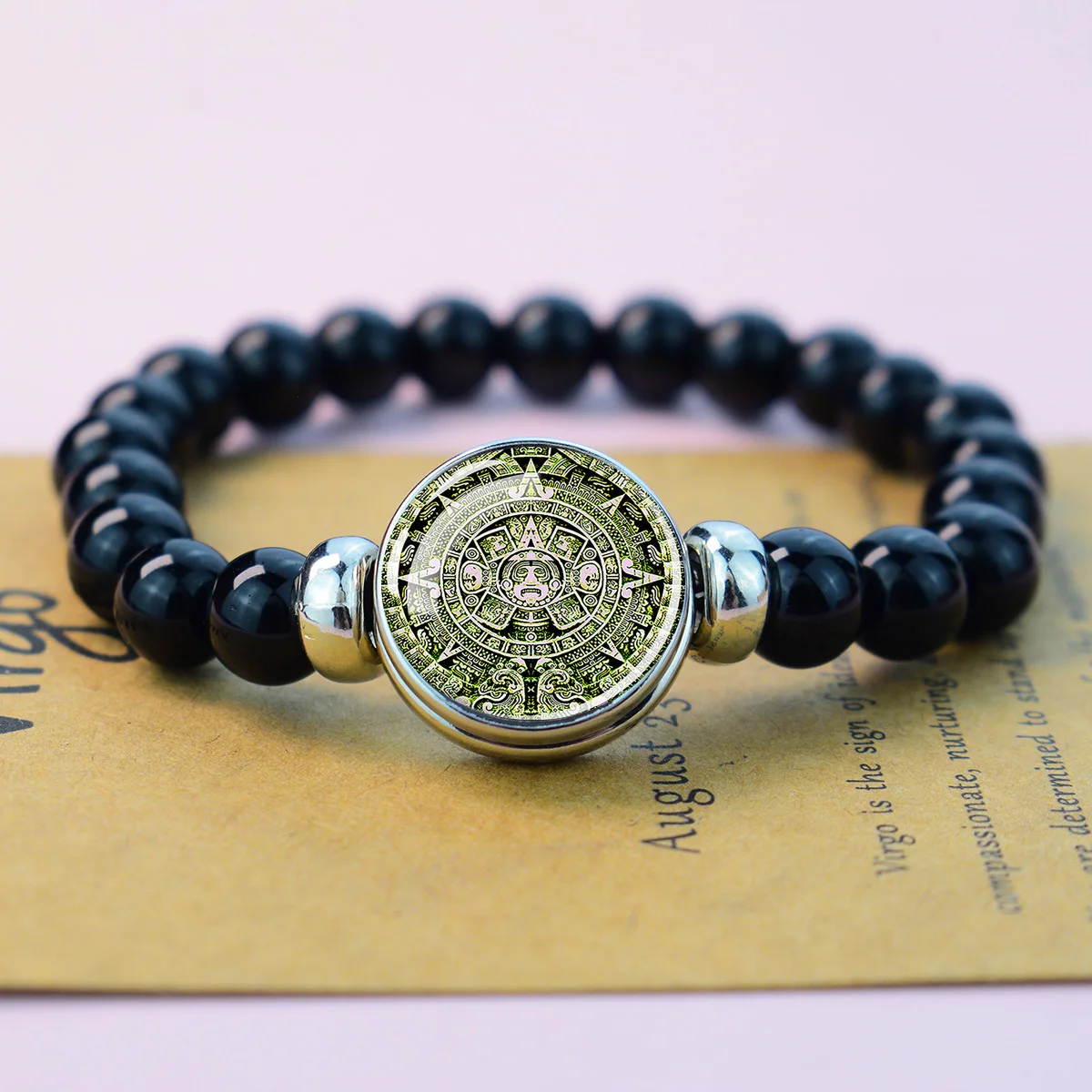 1PC Mayan Aztec Calendar Symbol  Black Bead Elastic Stretch Bracelet