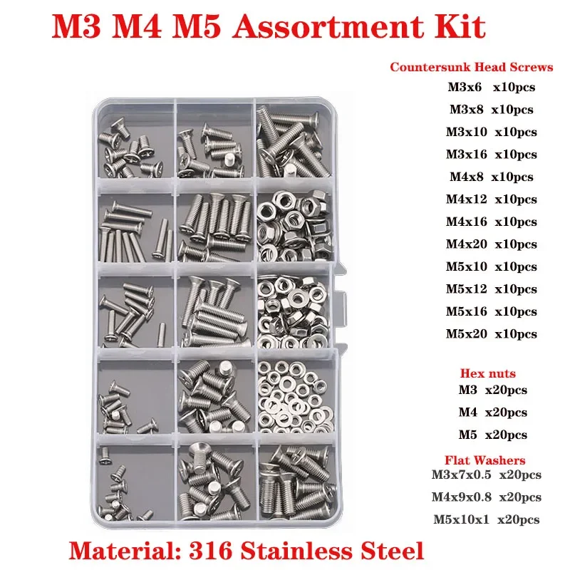 

Machine Countersunk Head Flat Screw Bolt Set M3 M4 M5 316 Stainless Steel Phillips Screws Nuts Washer Assortment Kit
