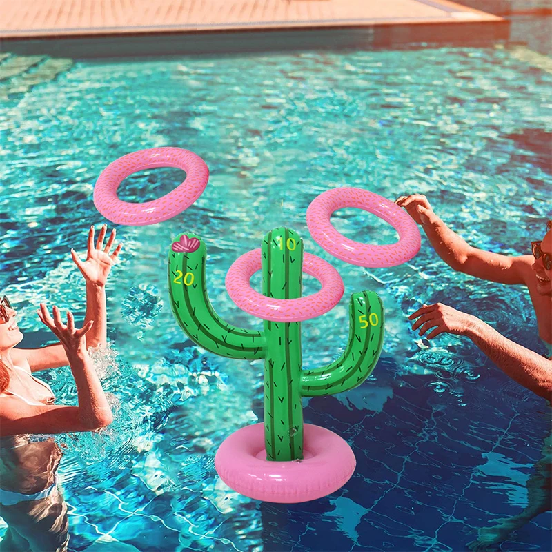 1 Set Inflatable Cactus Ring Toss Swimming Pool Interactive Toys for Kids Adults Outdoor Game Props Party Decorations Supplies