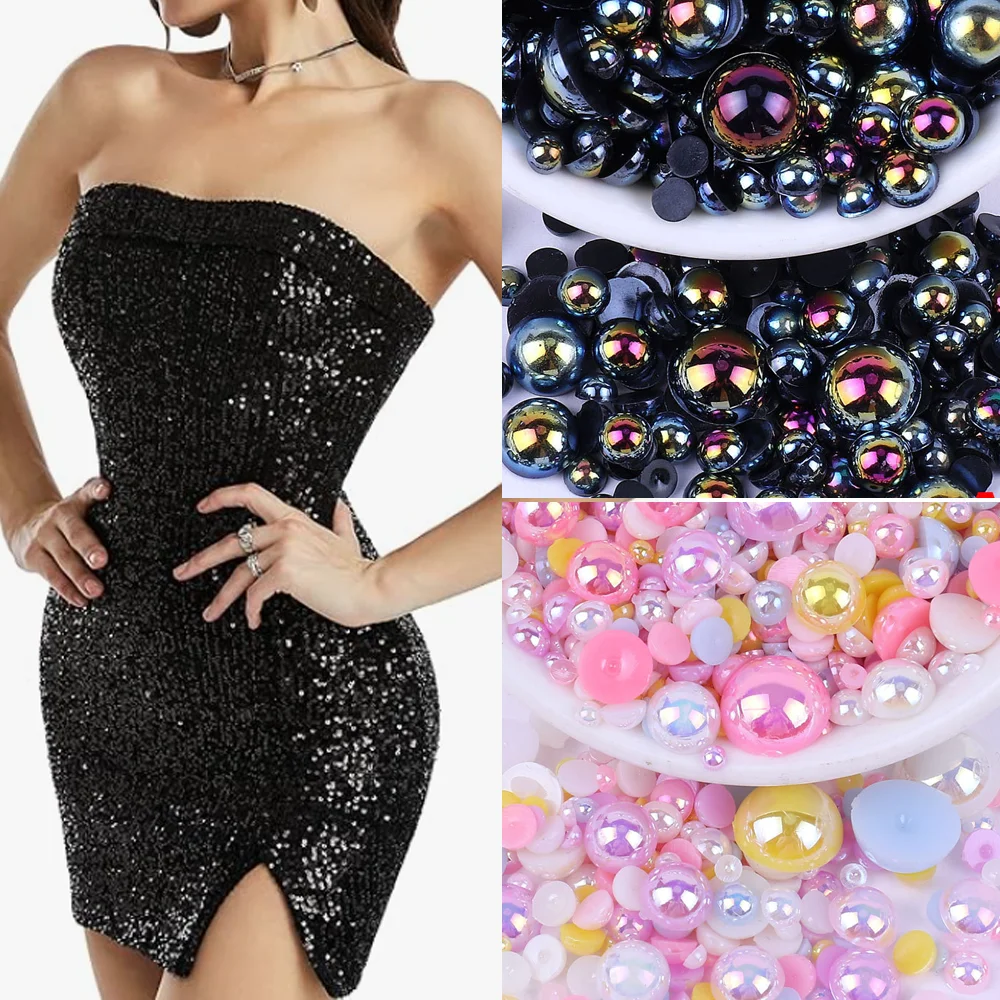 AB Color 3mm-12mm Mix Size ABS Imitation Pearls Half Round Pearl Flatback Beads for Crafts Nail Art DIY Decoration