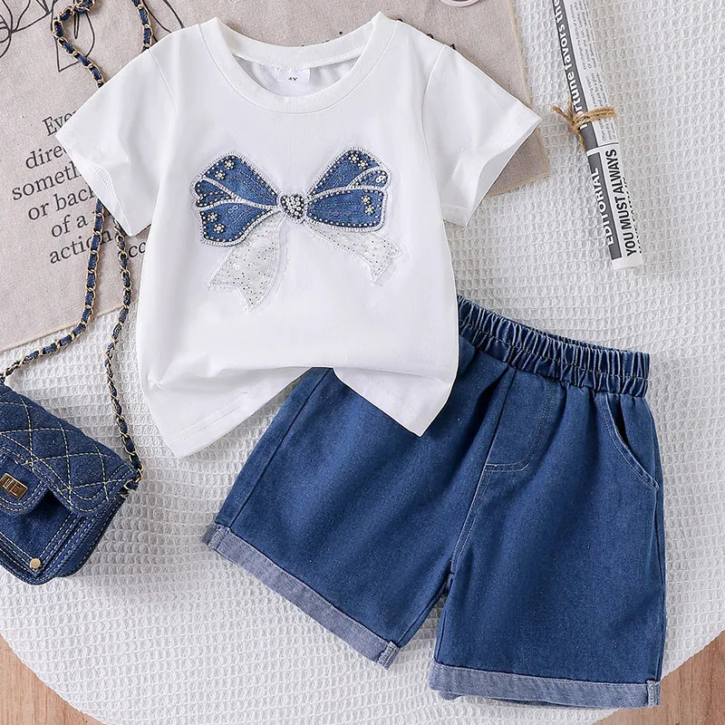 

2Piece Sets Summer Costume Girls Outfit Sets Korean Fashion Cute Bow White Short Sleeve Baby Tops+Denim Shorts Kids Clothes B202