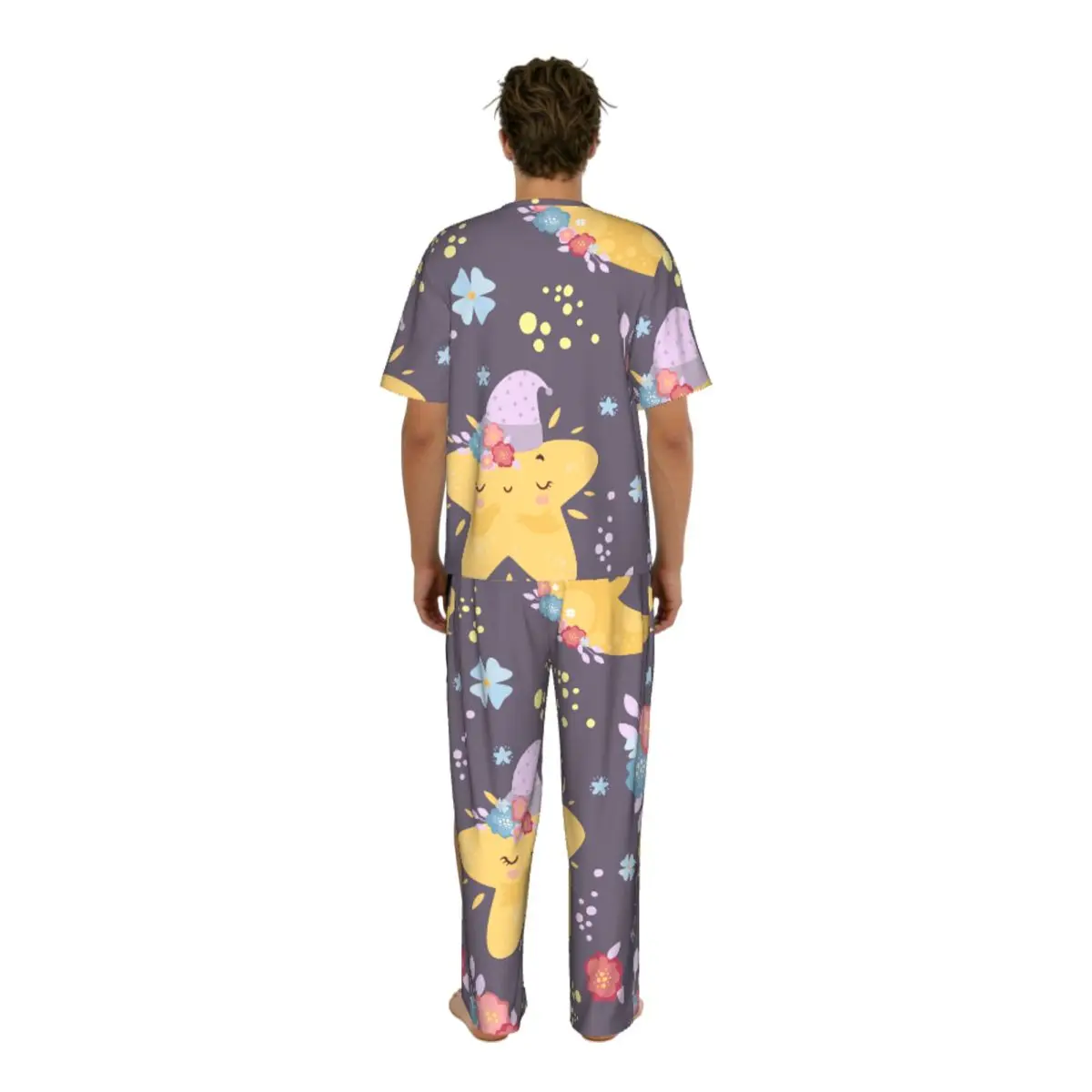 Men Pajamas Set Cute Moon Stars Short Sleeve Spring Summer Lounge Sleepwear Male Nightwear view 4