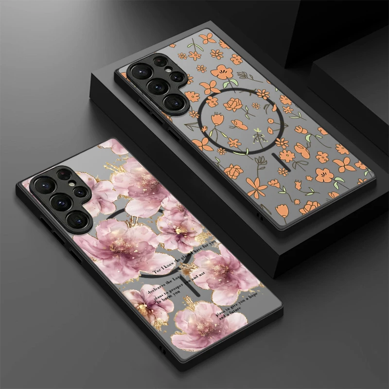 Cute Flower Pattern Magnetic Phone Case For Samsung Galaxy S26 S23 S24 Ultra S25 FE S22 Plus S25 Edge For Magsafe Hard PC Cover