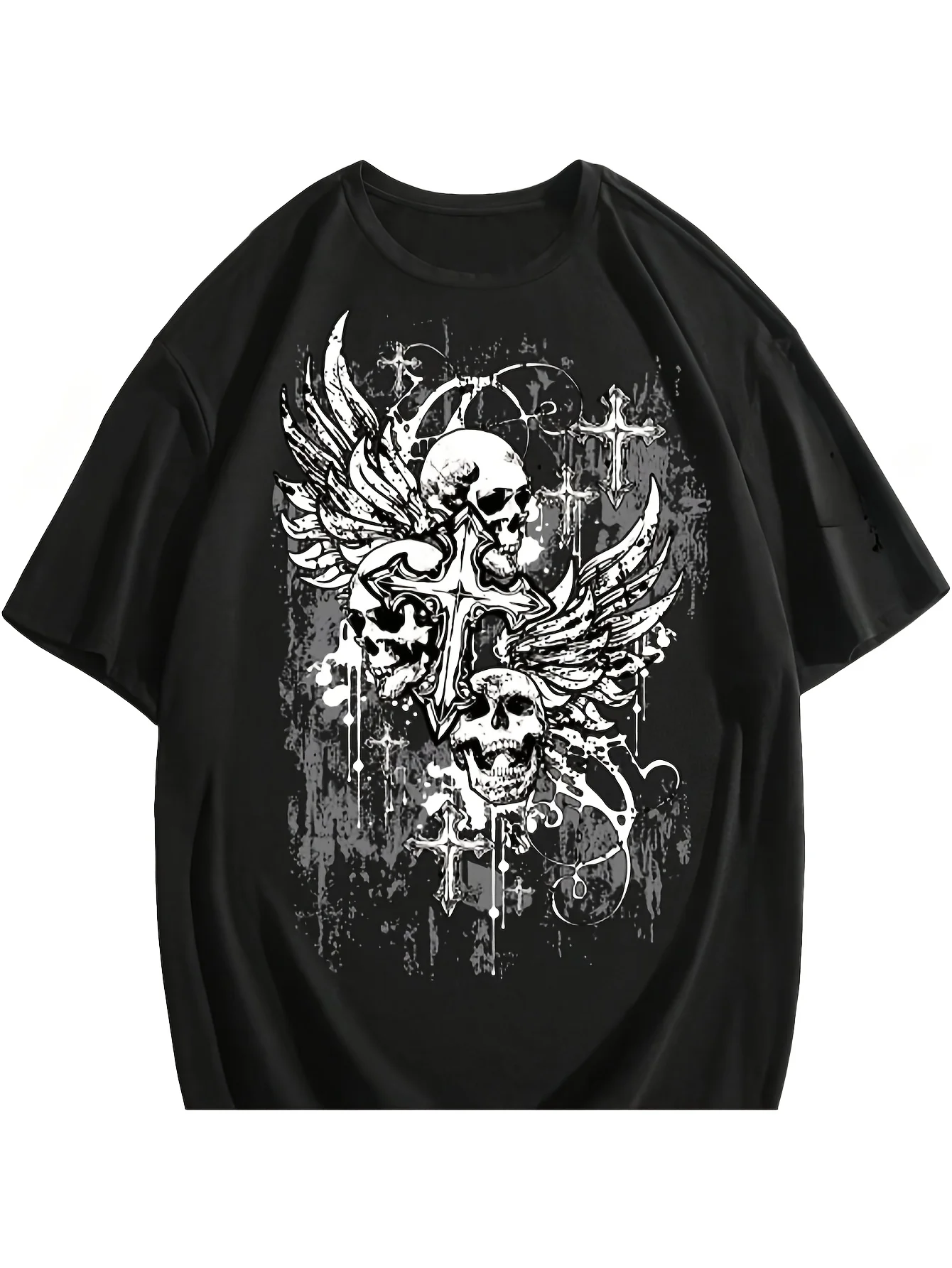 Men's Gothic Skull Pattern T-Shirt - 100% Cotton, Vintage Washed Short Sleeves, Drop Shoulder Design, Y2K Street Style with Winged Skull and Cross Pattern, Machine Wash - Black