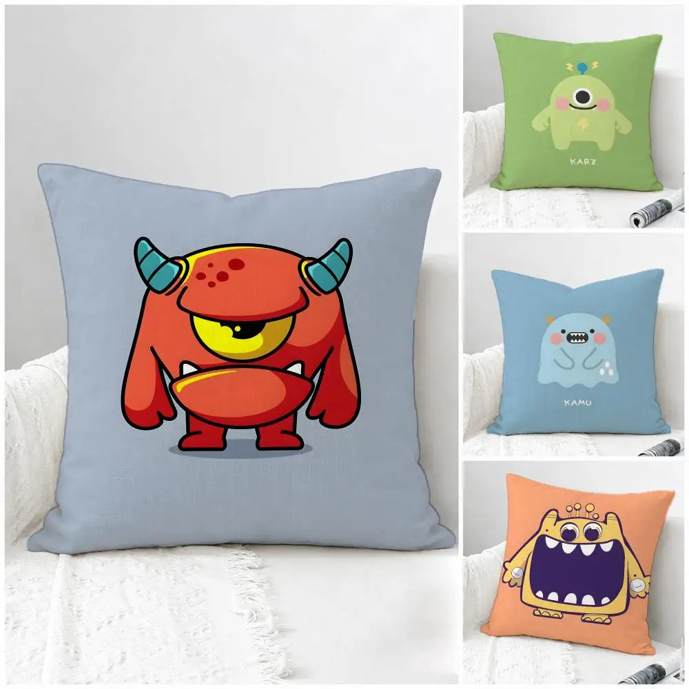 Cartoon Cute Monster Cushion Cover Natural Linen Pillowcase Set, All-in-One Decor for Sofa, Bedroom & Chair