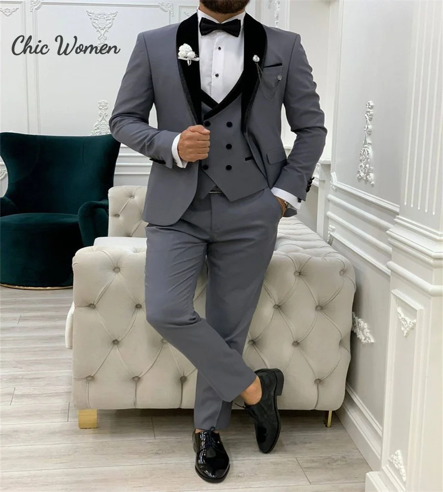 Slim Grey Men Suit For Wedding 2025 Customized Jacket Pant Vest 3 Piece Bussiness Set Suits Formal Party Groomsmen Male Bespoke