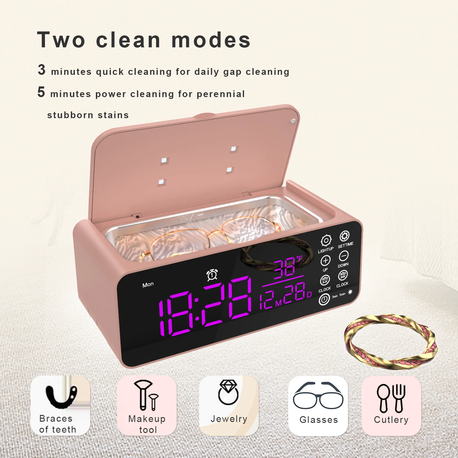 Multi-Function Ultrasonic Cleaner Alarm Mode Stainless Steel Touch Control 360° Deep Cleaning Jewelry Glasses Watches Clean Box