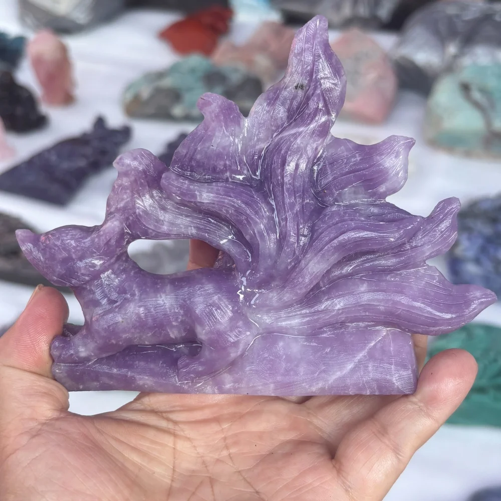 Natural Purple Mica Nine Tailed Fox Hand Carved Crystal Statue Mental Clarity Reiki Healing Stone Home Altar Decor Gift