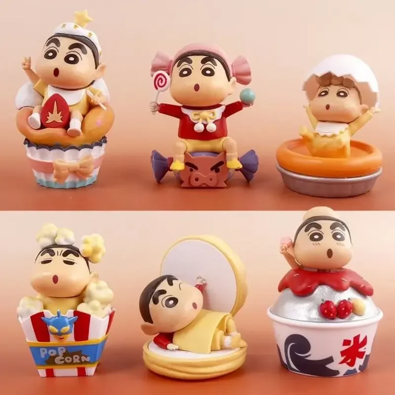 Figurines d'action Anime pour enfants, Crayon Shin-Chan, ornements de voiture au beurre Kawaii, modèle de collection, cadeau pour enfants, 6 pièces