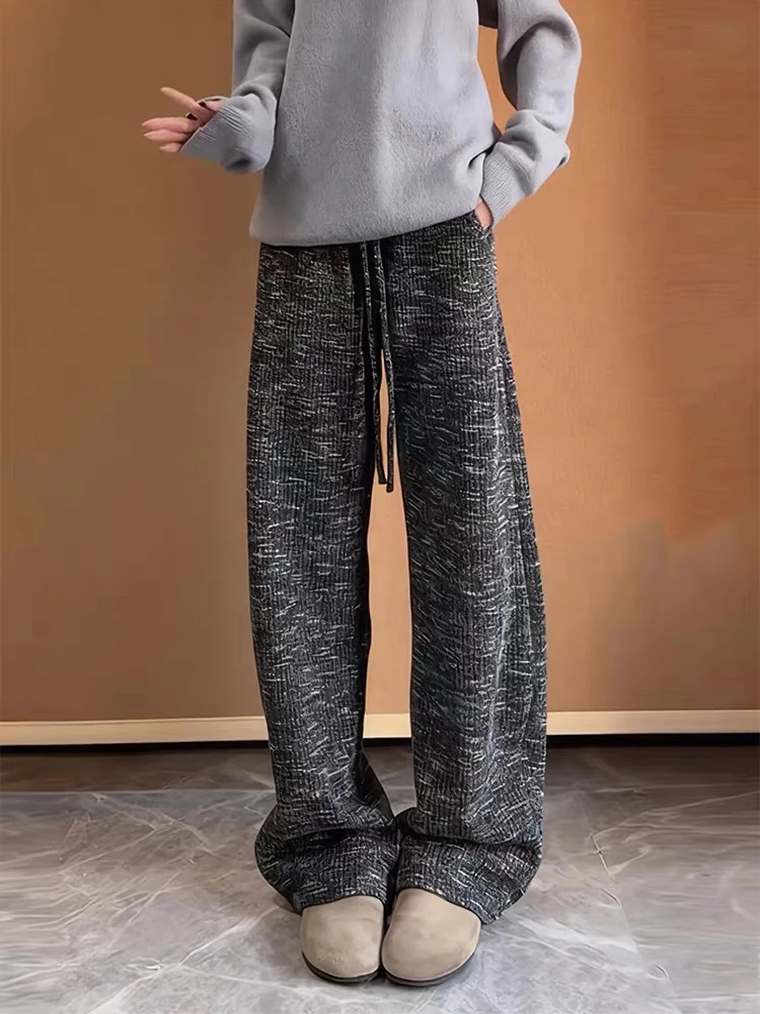 

Bla Fce Lined Straight Leg Knit Trousers Men's Autumn Winter Dyed Wide Leg Pants High Waist Casual Straight Fit Trousers