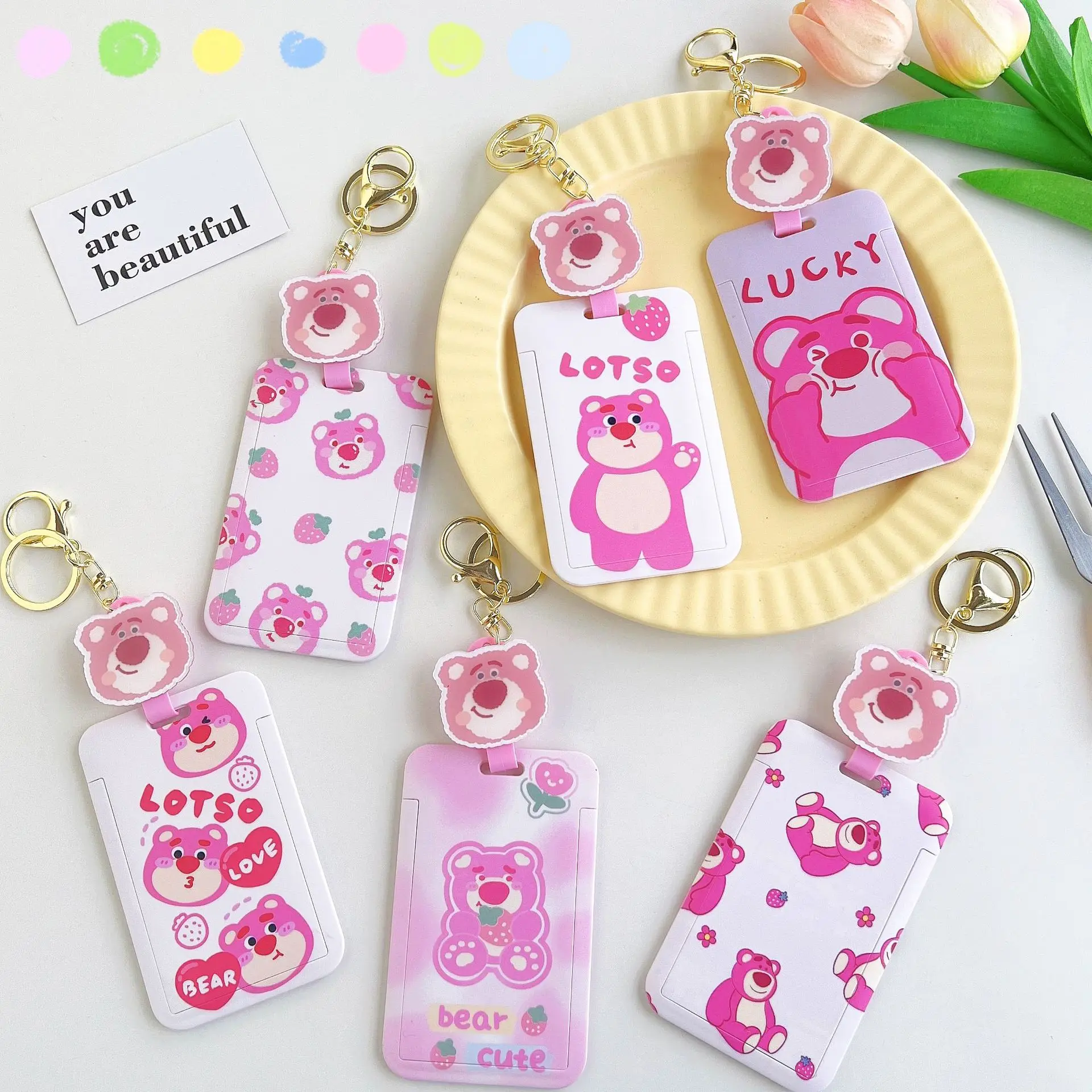 

Cute Lotso Students ID Bus Card Holder Lotso Cartoon Card Holder Keychain Credit Cards Protectors Sleeve Pink Bank Cards Cover