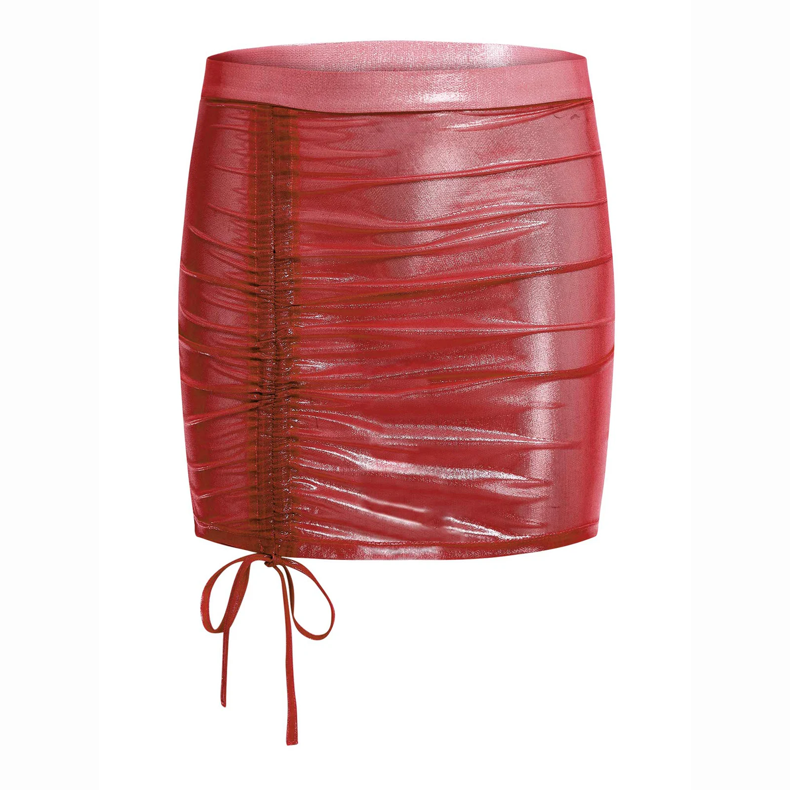 Womens See Through Sheer Tight 스커트 반짝 이는 메탈릭 조절 가능한 Drawstring 짧은 스커트 바 나이트 클럽 착용 Bodycon 미니 스커트