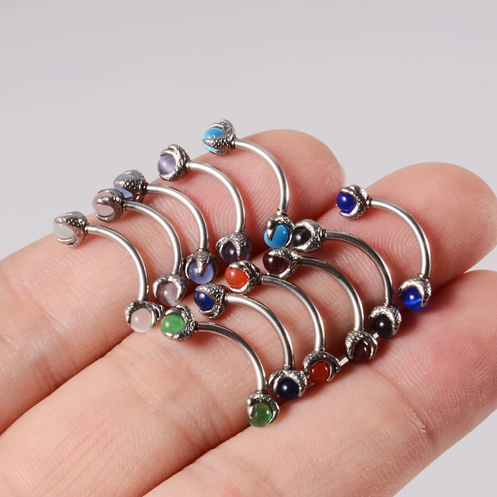 1PC 14G Surgical Steel Dragon Opal Claw Stone Curved Barbell Ring Eyebrow Ring Rook Piercing Ear Tragus Daith Piercing Jewelry