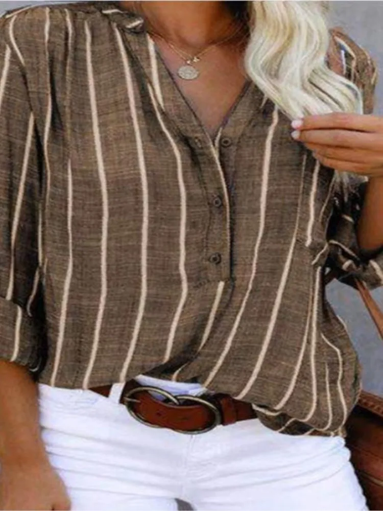 Новинка 2023 года, женская рубашка в полоску, полуоткрытый свободный топ с v-образным вырезом и длинными рукавами, летняя женская модная повседневная рубашка на пуговицах