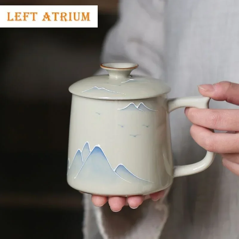 

340ml Plant Ash Handmade Mug Hand-painted Distant Hills Mug Retro Coffee Cup Water Mug with Lid Kit Tea Making Teaware Crafts